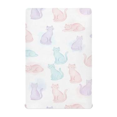 Imagem de Burbuja Lençol de berço para gatos em aquarela para meninos e meninas, lençol com elástico 71 x 132 cm para colchão padrão de berço e criança, macio e respirável