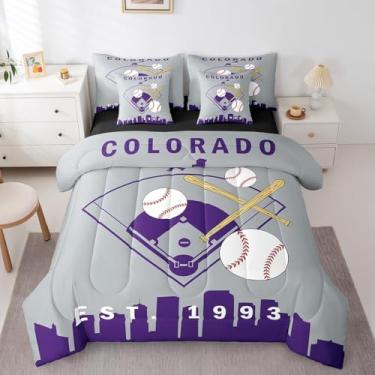 Imagem de Erosebridal Jogo de cama com edredom solteiro de beisebol, esportivo, softball, para crianças, meninos, adolescentes, construção urbana, roxo para quarto de crianças, meninos e adolescentes, Colorado