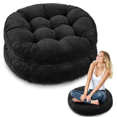 Imagem de Jerify Almofadas de chão 55 x 55 cm redondas quadradas grandes almofadas de chão para sala de aula adulto meditação piquenique festa almofada para assento presente de Natal (redondo, preto, 2 peças)