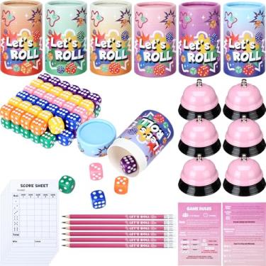 Imagem de RoundFunny 6 Sets Bunco Game Kit Party Supplies for Ladies Night Family Board Games 72 Colorful Dice 6 Bells 6 Dice Cups 30 Score Card 6 Pencils Rule Sheet for Women Girls up to 6 Groups 2-12 Players