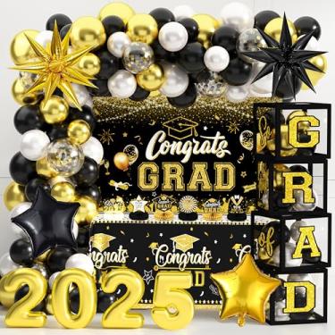Imagem de Decorações de formatura Class of 2024 Congrats Grad 2024 Artigos de festa incluem pano de fundo caixas de balão de toalha de mesa com letras, centros de mesa de favo de mel, kit de arco de balão