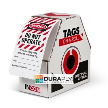 Imagem de Etiquetas de bloqueio em um rolo, o perigo não opera (listrado) | Estoque DuraPly resistente | À prova d'água e resistente a rasgos | Vermelho/preto em branco | 15,25 cm x 7,5 cm x 25,5 mm de espessura (RT6025) (100)
