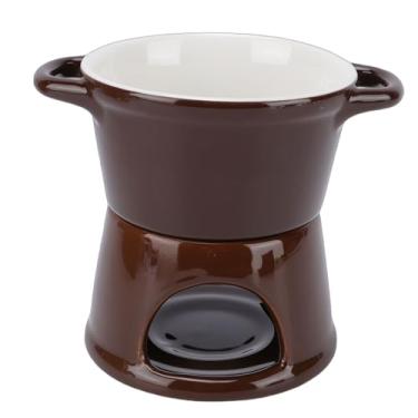 Imagem de Aqur2020 Caneca Individual de Cerâmica para Fondue Com Garfo, Vela Tealight para Derreter Chocolate e Queijo, Conjunto de Sobremesa para Frutas e Pão (Marrom)