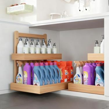 Imagem de Armazenamento organizador sob a pia de bambu - Prateleira de armário de 2 camadas com níveis ajustáveis, armazenamento sob a pia deslizante para armário despensa cozinha banheiro