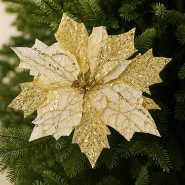 Imagem de Deekin 12 peças, poinsétia artificial de 21 cm, flor grande de Natal com clipes e palitos florais de 12 cm, decoração de árvore de Natal, enfeites de poinsétias falsas, faça você mesmo, guirlanda de