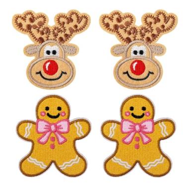 Imagem de Remendos bordados com ferro de Natal, design festivo de homem de rena e gengibre, aplique costurado em roupas, jaquetas, chapéus, tecido de sarja amarela patch de Natal DIY artesanato natalino (pacote