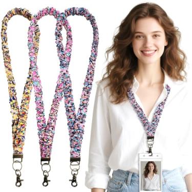 Imagem de Pacote com 3 cordões elásticos para cartão de identificação e chaves, chaveiro de pescoço fofo com porta-crachás verticais e fecho de clipe, cordões elásticos retráteis para professores, enfermeiras