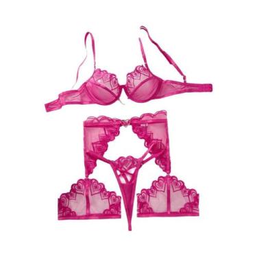 Imagem de Conjunto De Sutiã Transparente Em Três Peças Com Bordado Rosa Vermelho