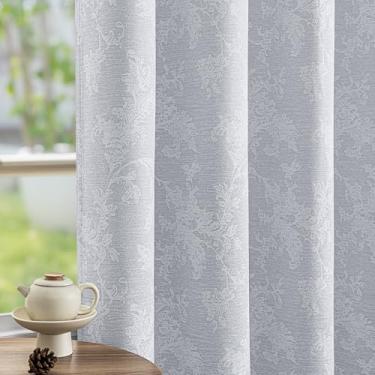 Imagem de FMFUNCTEX Cortinas blackout jacquard floral cinza 213 cm de comprimento para quarto, cortinas de chenille para casa de fazenda, escurecimento da sala de estar, cortinas de janela com ilhós, isolamento