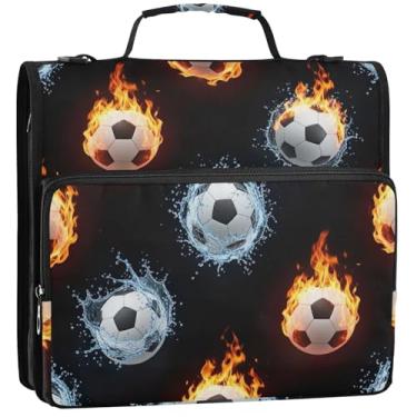 Imagem de Bolas de futebol Water Fiery Flames 3 anéis de 3 argolas fichário com zíper resistente com alça de ombro para escola, vários bolsos, pasta grande, 34,5 x 31,5 x 9 cm