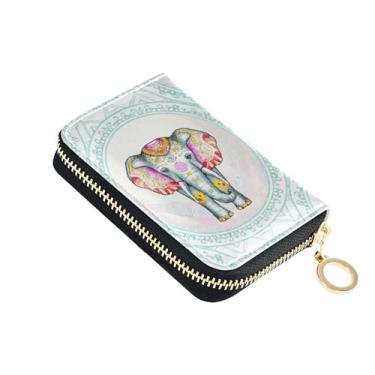 Imagem de Carteira feminina de couro com elefante branco e azul com bloqueio de RFID, carteira feminina com zíper e bolsa para moedas