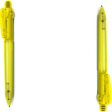 Imagem de Caneta Esferográfica Retrátil, Material Bambu, Cor Natural com Detalhes Bege, Escrita Azul, Grip Confortável, 25g (Kit 2 Amarelo)