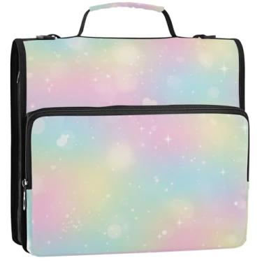 Imagem de Organizador de fichário com zíper gradiente arco-íris pastel, 3 anéis, 3 anéis, bolsa com alça para armazenamento escolar, pasta de portfólio com alça, 34,5 x 31,5 x 9 cm