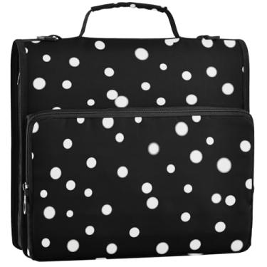 Imagem de Pastas de bolinhas brancas pretas de 3,8 cm com 3 anéis, fichário com zíper, fichário organizador com alça, bolsa de ensino médio, suporte para 500 folhas, 34,5 x 31,5 x 9 cm