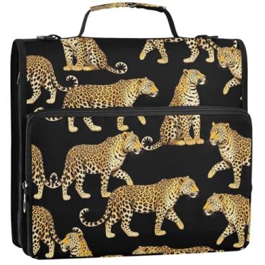 Imagem de Lindo organizador de fichário com zíper, fichários de 3,5 cm, 3 anéis, leopardos resistentes, pasta preta para portfólio com alça para fichários escolares com alça de ombro, 34,5 x 31,5 x 9 cm