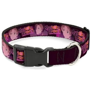 Imagem de Coleira para animais de estimação Crunchyroll, fivela de plástico para coleira de cachorro, Mushoku Tensei Rudeus e Paul Pose e logotipo do título, rosa, 23 a 33 cm de largura