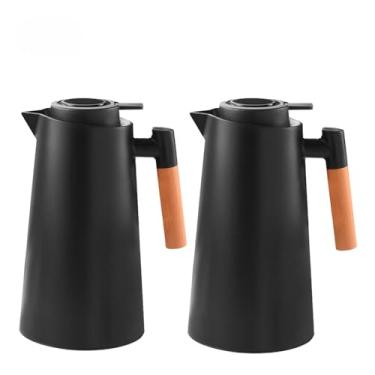 Imagem de Garrafa Térmica de água, 1 Litro Garrafa Térmica Com Termômetro Led Para Chás/Café Design Moderno Cabo Em Madeira(KIT2-Preto)