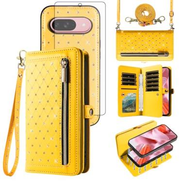 Imagem de Asuwish Capa de celular para Google Pixel 9/9 Pro 5G carteira com zíper destacável protetor de tela de vidro temperado alça transversal flip bling titular cartão de crédito Pixel9 9Pro nove mulheres