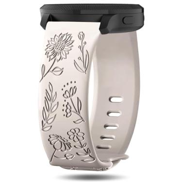 Imagem de Inhosper Pulseiras com gravação floral de 20 mm compatíveis com Garmin Vivoactive 6/5/3/Venu/Venu Sq/Venu 2 Plus/Forerunner 165/55/245/645, pulseira de relógio de silicone macio, estampa floral