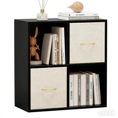 Imagem de Organizador de armazenamento de 4 cubos – estante de madeira maciça com 2 caixas de armazenamento, prateleira de cubo com 2 painéis traseiros removíveis, estante vertical ou horizontal, prateleira