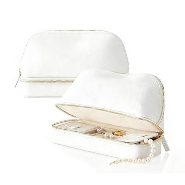 Imagem de ProttyLife Caixa de joias com bolsa de maquiagem, organizador de joias de viagem, bolsa de cosméticos portátil com estojo de maquiagem integrado para mulheres e homens (branco)