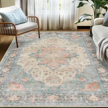 Imagem de RELEANY Tapetes de área, 1,8 m x 2,5 m, lavável, antiderrapante, estampa floral, vintage, tapete medalhão para sala de estar, quarto, sala de jantar, azul, laranja, vermelho