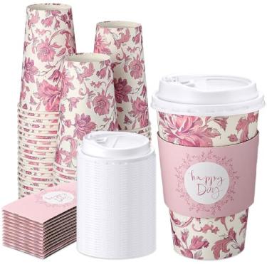 Imagem de Lallisa Pacote com 50 xícaras de café florais descartáveis de 473 ml, com tampas e mangas, flores de casamento, copos de papel, para primavera, aniversário, bebidas quentes e frias, suprimentos de