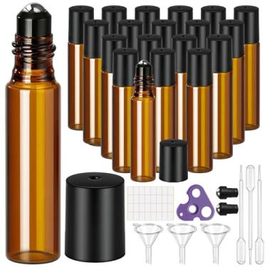 Imagem de ZHWKMYP 30 frascos de rolo para óleos essenciais, aplicador de esfera âmbar vazio de vidro de 10 ml, 20 peças, com funis, rótulos, conta-gotas, abridor de garrafas
