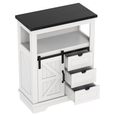 Imagem de Real Relax Armário de armazenamento de casa de fazenda, armário de chão de banheiro com porta deslizante de celeiro e 3 gavetas, armário de armazenamento independente para sala de estar, banheiro,