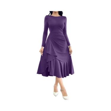 Imagem de Vestido De Noite Elegante Em Cor Sólida, Decote Redondo, Mangas Longas