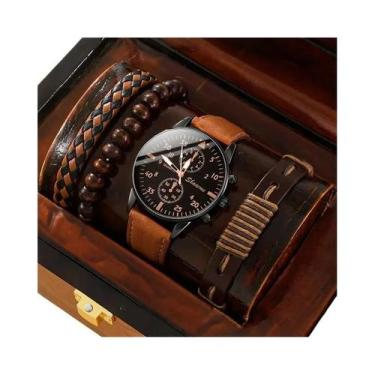 Imagem de Relógio De Quartzo Masculino Em Couro Marrom, Conjunto De Pulseira De 
