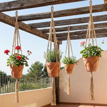Imagem de 2 peças de vaso de flores de corda de cânhamo com rede para pendurar no jardim, cestos para pendurar vasos de flores (longo, 104 cm)
