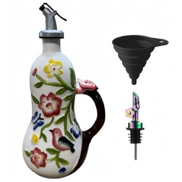 Imagem de Windefun Garrafa decorativa de 540 ml para cozinha, garrafa de azeite de oliva de cerâmica pintada à mão, recipiente de óleo de cerâmica (flores feitas à mão)