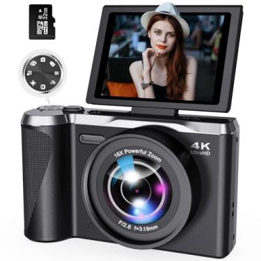 Imagem de Câmera digital 4K para fotografia e vídeo, câmera vlogging de foco automático de 56 MP para YouTube, tela flip de 180° de 3 polegadas e zoom digital de 16X, câmeras de viagem compactas com cartão SD