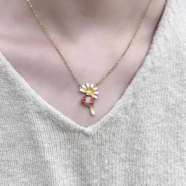 Imagem de Colar feminino com pingente de joaninha de flor de cristal, banhado a ouro, moderno, branco, amarelo, esmalte, floral, inseto, corrente ajustável, joia de aniversário e férias, 45,7 cm