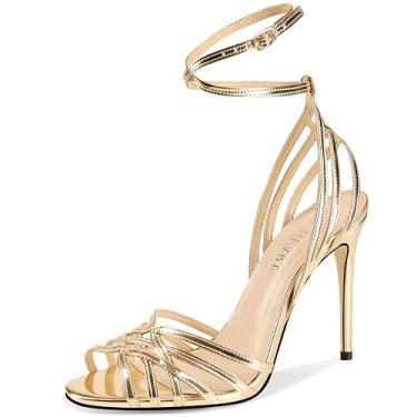 Imagem de HOCHFART Sandálias femininas de salto alto femininas com tiras com cadarço e costas estilo estileto, salto agulha aberta e tiras quadradas, sapatos sociais de verão, Dourado, 35