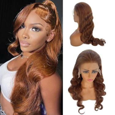 Imagem de Peruca de cabelo humano Ombre Lace Front para mulheres - 33 x 15 cm HD transparente marrom médio e cor aubur ondulada realce perucas de cabelo humano pré-arrancado 150% densidade sem cola peruca