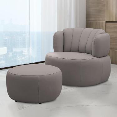 Imagem de Conjunto Sala de estar Mariele Poltrona Base Giratória Aço com Puff Couro Avelã