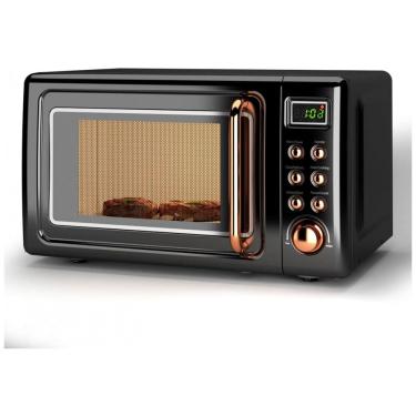 Imagem de Forno micro-ondas de bancada LDAILY retrô dourado, 700W, 5 níveis de potência, menus automáticos, prato giratório, trava de segurança