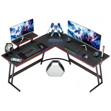Imagem de Mesa Gamer em L Homall Preto 128 cm com Suporte para Monitor Removível e Gaveta, Acabamento Carbono Fibra Polido, Estrutura em Z Soldada