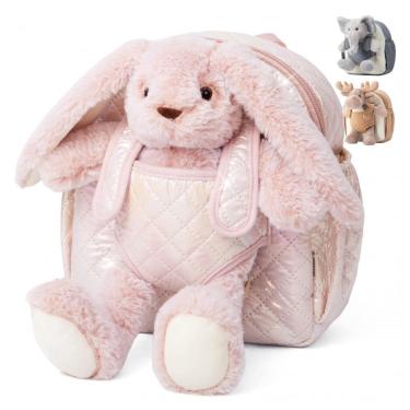 Imagem de Mochila infantil de pelúcia Moonkie Hug & Go coelho com pelúcia destacável, para crianças de 2 a 4 anos, rosa suave