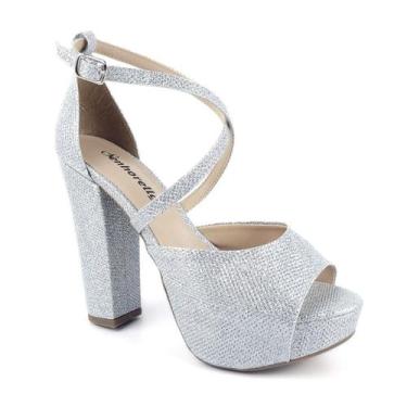 Imagem de Sandália Meia Pata Salto Grosso Trançada - Senhorella, Prata, 35