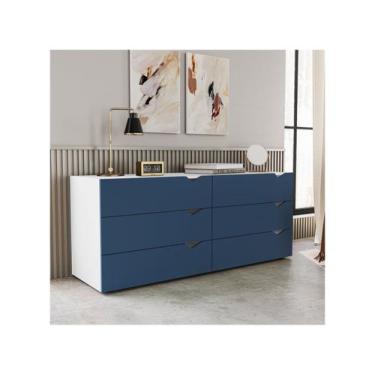 Imagem de Cômoda de Quarto Porto c/ 6 Gavetas Branco/Azul - Politorno, Branco e 