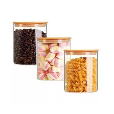 Imagem de Kit 3 Potes Herméticos de Vidro com Tampa de Bambu 750ml Porta Aliment