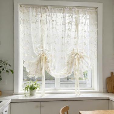 Imagem de YIPINXIU Cortina de balão bege romântica pequena floral de amarrar para cozinha cortina vitoriana cortina romana cortina vitoriana para janela pequena café varanda bolso para varão 1 painel (140 cm L
