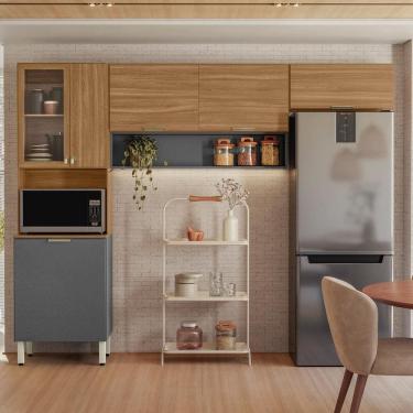 Imagem de Cozinha Compacta Aspen 6 Portas MDF 250CM Amêndoa com Grafite Moderna com Pés Regulávei...