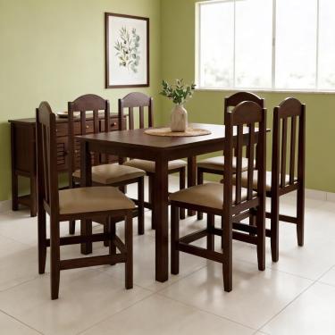 Imagem de Conjunto 6 Cadeiras Em Madeira Maciça Escura Com Estofado Bege Repleta