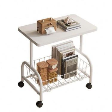 Imagem de Mesa Lateral Multiuso Carrinho Auxiliar Retangular Tampo MDF Base Aço 43CM Branco
