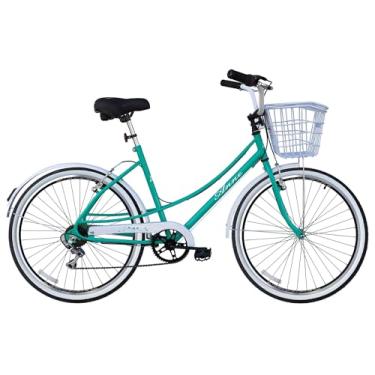 Imagem de Bicicleta Unissex 26 Anne Azul Turquesa de 06 Velocidades com Aros duplos, Pneus Slik Faixa, Paralamas e Cesta Branca - Dalannio Bike