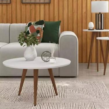 Imagem de Mesa de Centro com Pés Palito, Tampo Branco Redondo em MDF, Estilo Ret